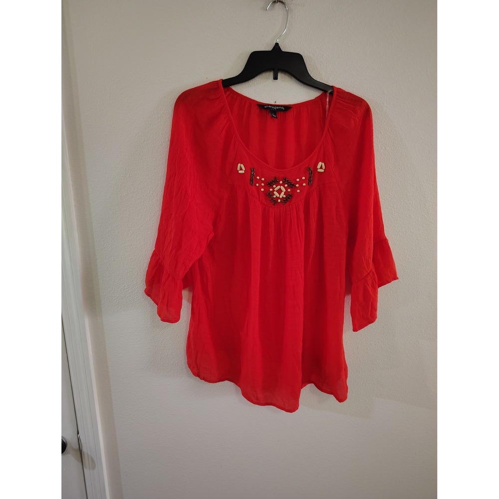 Sharagano Red Boho Beaded Scoop Neck Bell Sleeve Blouse Top Large